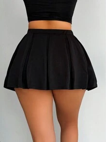 Sirith Women's Solid Color Casual Work Out Pleated Back To School Tennis Shorts Campus Wear - Black - View 2