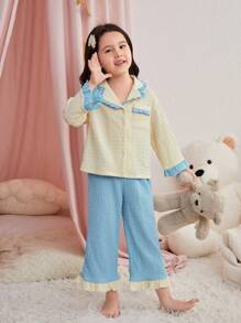 SHEIN Kleine Mädchen Prinzessin Stil Farbblock gestricktes Pyjama Set mit Spitzen Dekoration, Langarm Top und Hose, 2 Stücke