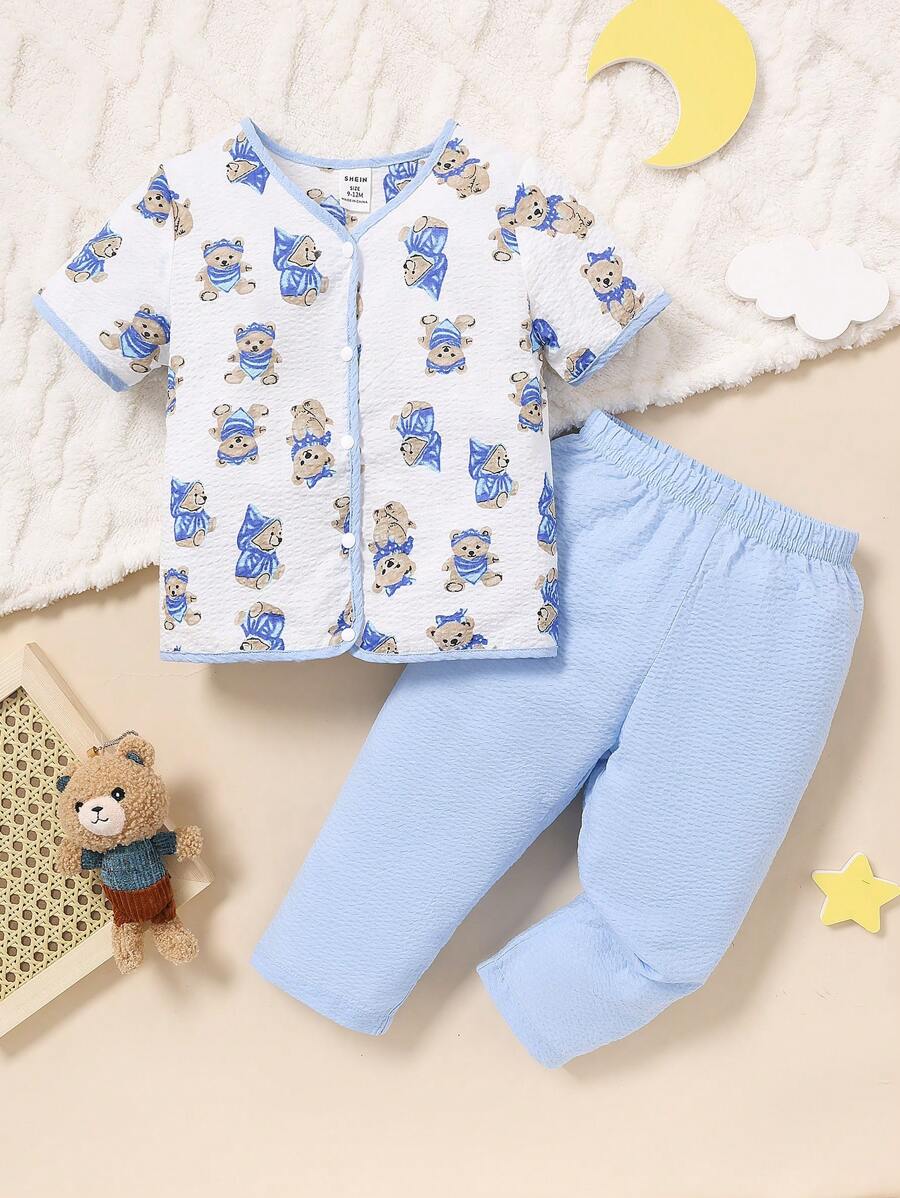 Baby Boys' Simple And Cute Bear Printed Long Pants With Short-Sleeved Cardigan, Loose And Casual 2-Piece Home-Wear Set - Multicolor - View 1