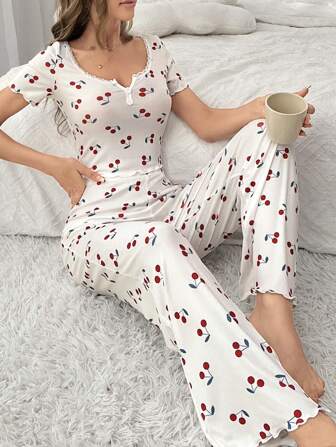 CottageSlumber Women's Cherry Printed Lace Trim Notch Neck Short Sleeve Top & Long Pants Pajama Set White Set Bridallingerie