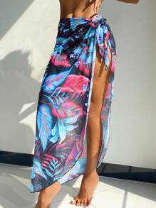 SHEIN Swim 女款熱帶植物印花腰帶罩衫，側開叉擺，可當裙子穿 - 淺藍色 - 查看 7