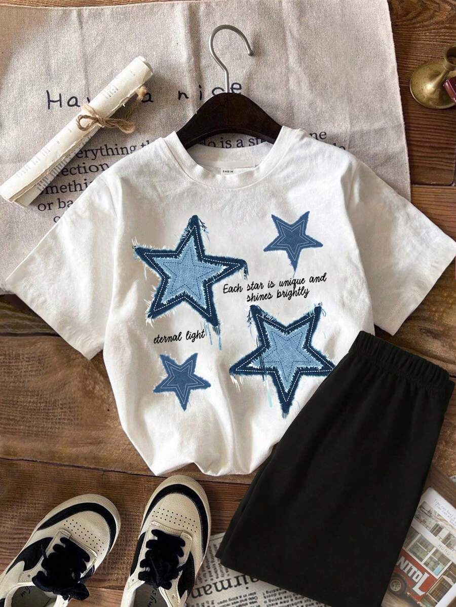 SHEIN Leap Crew Young Girl Two Pieces Outfit,Summer School Set,Pentagram Print Round Neck Short Sleeve White T-Shirt And Black Shorts,Casual Style,2pcs Outfits - Multicolor - View 1