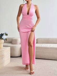 Chiquease Women's Solid Color Halter Neck Elegant Party Dress With Slit - Pink - View 7