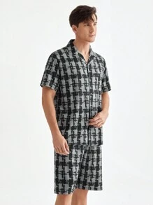Men's Summer Plaid Short Sleeve And Shorts Homewear Set