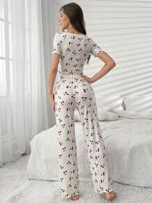 Conjunto de pijama blanco con top de manga corta con escote en pico con bordado de encaje y estampado de cerezas, y pantalón largo para mujer