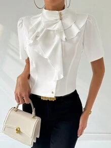 Firerie Women's Elegant Daily/Date/Work/Commute Style Delicate Ruffle Short-Sleeve White Shirt,Short Sleeve Tops - White - View 2