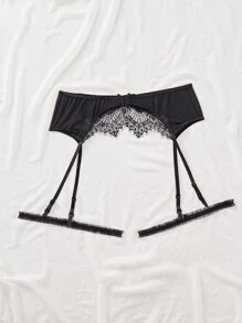 Plus Size Sexy Lace Splice Garter Belt Set With Leg Ring, 3pcs - Black - View 2