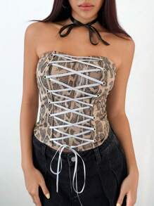 SHEIN Unity Top corto de mujer con estampado de piel de serpiente y cordones