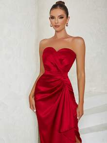 Simple And Sexy Strapless Backless Side Split Pleated Bodycon Dress For Women - Red - View 7