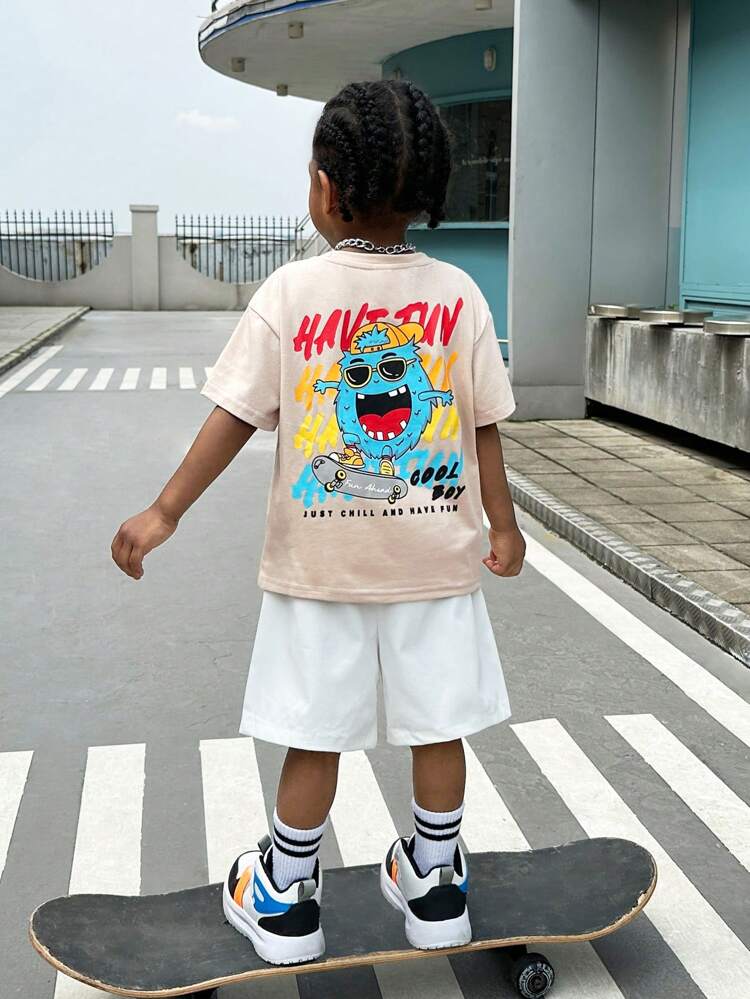 Young Boy Slogan & Cartoon Graphic Tee & Shorts