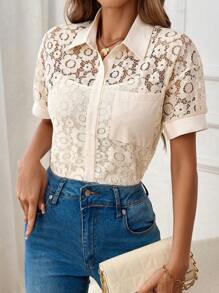 Chiquease Women's Lace Patchwork Floral Romantic Casual Shirt - Beige - View 6