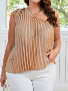 SHEIN Privé Blusa sin mangas de talla grande casual y elegante con pliegues y cordón en un hombro