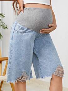 SHEIN 孕妇休闲宽松破洞针织牛仔七分裤，可调节腰围牛仔裤 - 彩色 - 查看 2