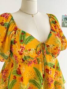 Soleia Blusa con cuello en forma de corazón y lazo en la parte delantera para mujer de talla grande con mangas abullonadas. Blusa casual de verano para vacaciones en la playa con estampado tropical de flores.