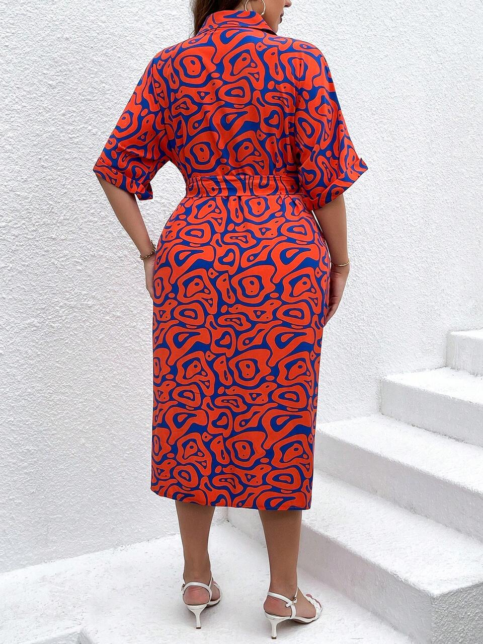 Plus Size Allover Print Button-Front Dress With Lapel Collar And Waist Belt, Elegant Style For Summer