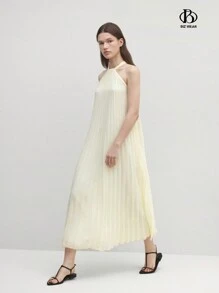 BizChic Vestido de línea A elegante y plisado de color crema para el verano, con tirantes y forro