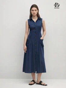 BizChic Waist-Cinching Long Work Dress With Pockets, Turndown Collar, Navy Blue - Navy Blue - View 5
