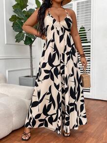 SHEIN CURVE+ Plus Size Green Leaf Print Halter Neck Tied Jumpsuit, Beach Resort Casual Boho Vacation