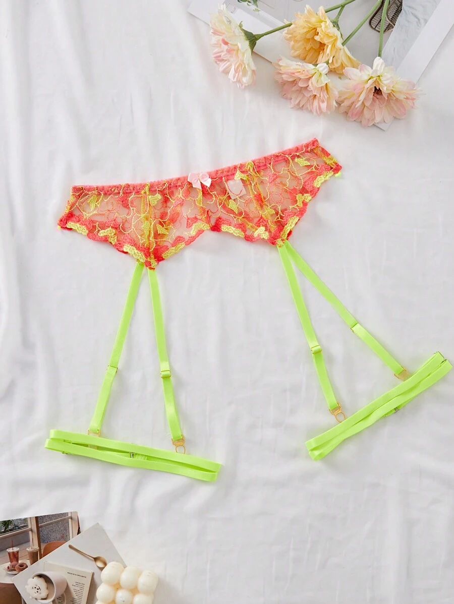 3入組性感刺繡魚網吊襪帶附腿環 - 彩色 - 查看 1