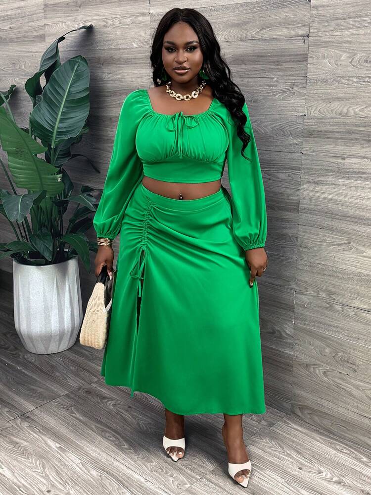 Plus Size Green Summer Lantern Sleeves Square Neck Elegant Casual Holiday Set, Featuring Front Pleats, Elastic Waistband, And Ankle-Length Skirt-M