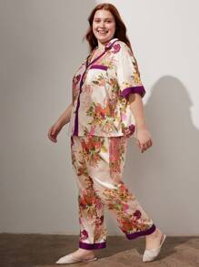 LUVLETTE Women Plus Chinese Style Floral Print Satin Long Pajama Set Lounge Set Lingerie - Red Violet - View 5