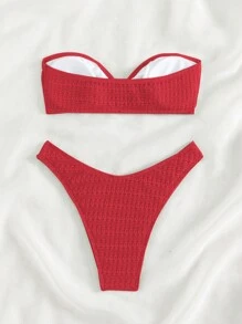SHEIN Swim Bộ bikini màu trơn dành cho nữ có kết nối vòng tròn, quây, hoàn hảo cho bãi biển mùa hè - Đỏ - Xem 6