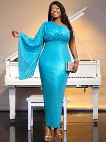 Plus One Shoulder Pleated Bell Sleeve Dress - Blue - View 4