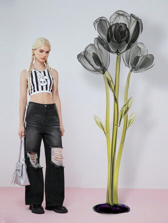  SHEINNeu Women's Usa Casual Fit Y2k Straight Leg Jeans With Ripped Holes And Side Pockets