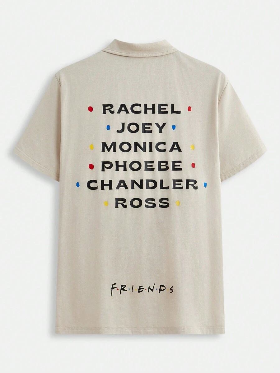 FRIENDS X SHEIN Men's Casual Letter Printed Short Sleeve Polo Shirt, Summer - Apricot - View 1