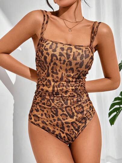 SHEIN Essnce Mujeres Body Leopardo con reunión en la cintura, ropa de verano, tops de tanque  Leopardo Body Tops de verano Bodysuits de Leopardo