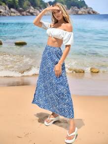 SHEIN Essnce Áo băng đô in hoa màu xanh và trắng mùa xuân/hè dành cho nữ với tay áo phồng và trang phục váy eo cao phù hợp - Màu xanh lam - Xem 1