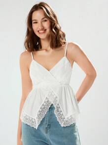 Enchnt Ladies' Solid Color Lace Patchwork Cross Wrap Summer Camisole - White - View 3