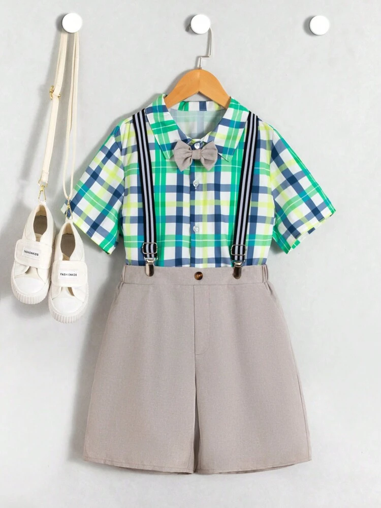 2pcs/Set Tween Boy Elegant Gentleman Suspender Pants With Shirt, Bowtie, Perfect For Holidays And Wedding Season