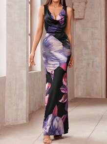 Elegant Floral Printed Deep Draped Neck Backless Sleeveless Dress For Summer - Purple - View 1