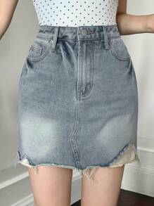 DAZY Women's Casual Denim Skirt With Pocket, Distressed Patchwork And Frayed Hem Jeans Skirt - Light Wash - View 6