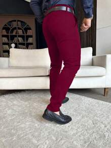 Manfinity Mode Men Plain Simple Business Dress Pants For Daily Wear, Old Money Style For Ceremony - Burgundy - View 2
