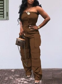 Jumpsuit Wanita Polos dengan Kantong Samping Model Tube - Coklat - View 4