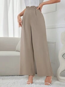 Modelyn 女式纯色阔腿裤，带口袋，优雅 - 卡其色 - 查看 6