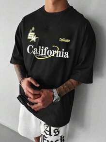 Men's Summer Letter Printed Short Sleeve Casual Round Neck T-Shirt, Perfect For Leisure And Commuting - Black - View 1