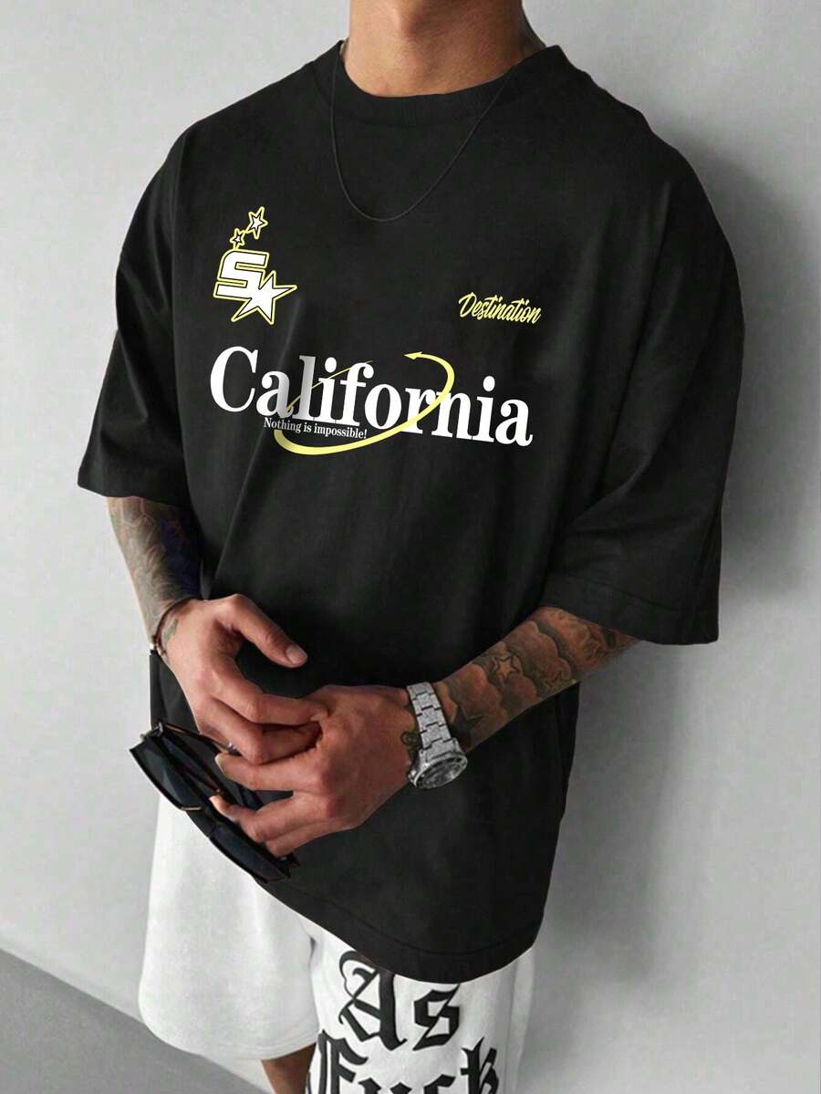 Men's Summer Letter Printed Short Sleeve Casual Round Neck T-Shirt, Perfect For Leisure And Commuting - Black - View 1