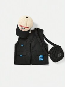 SHEIN 1 chiếc áo vest màu xanh giản dị và thể thao cho bé trai có logo trang trí và dáng rộng, không tay và không cổ, thích hợp để mặc hàng ngày, đi học, du lịch, thể thao, mùa xuân hè - màu đen - Xem 1