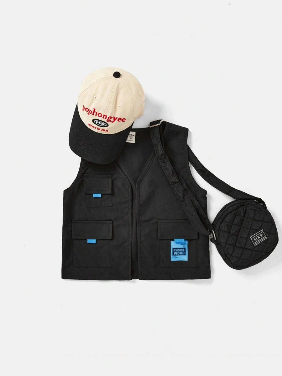 SHEIN 1 chiếc áo vest màu xanh giản dị và thể thao cho bé trai có logo trang trí và dáng rộng, không tay và không cổ, thích hợp để mặc hàng ngày, đi học, du lịch, thể thao, mùa xuân hè - màu đen - Xem 1