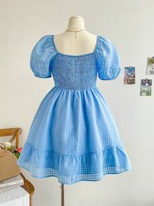 SHEIN WYWH Plus-Size Women Lined With Upper Body With Drawstring Lace Puffy Sleeve A Set Of Rural Holiday Feel Country Semi-Transparent Dress Plaid Fabric - Blue - View 2