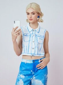 SHEINNeu Women's Casual Sleeveless Jacket With Random Print For Daily Wear - White - View 5