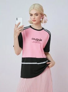 SHEINNeu SHEINneu Women's Summer Contrast Color Split Casual Sports Slogan Printed Round Neck Short-Sleeved T-Shirt