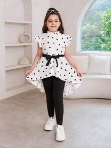 SHEIN Bộ áo sơ mi tay lỡ chấm bi thanh lịch cỡ lớn cho bé gái tuổi mới lớn kèm quần dài dệt kim trơn cho mùa xuân/hè - Đen và trắng - Xem 3
