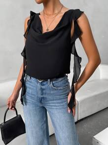 Chiquease Women's Fashionable Solid Color Simple Draped Neck Asymmetrical Cut Sleeveless Shirt - Black - View 3