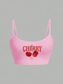 SHEIN EZwear Casual & Simple Cherry Pattern Brief Crop Top For Women, Sexy & Slim-Fit Top, Suitable For Summer