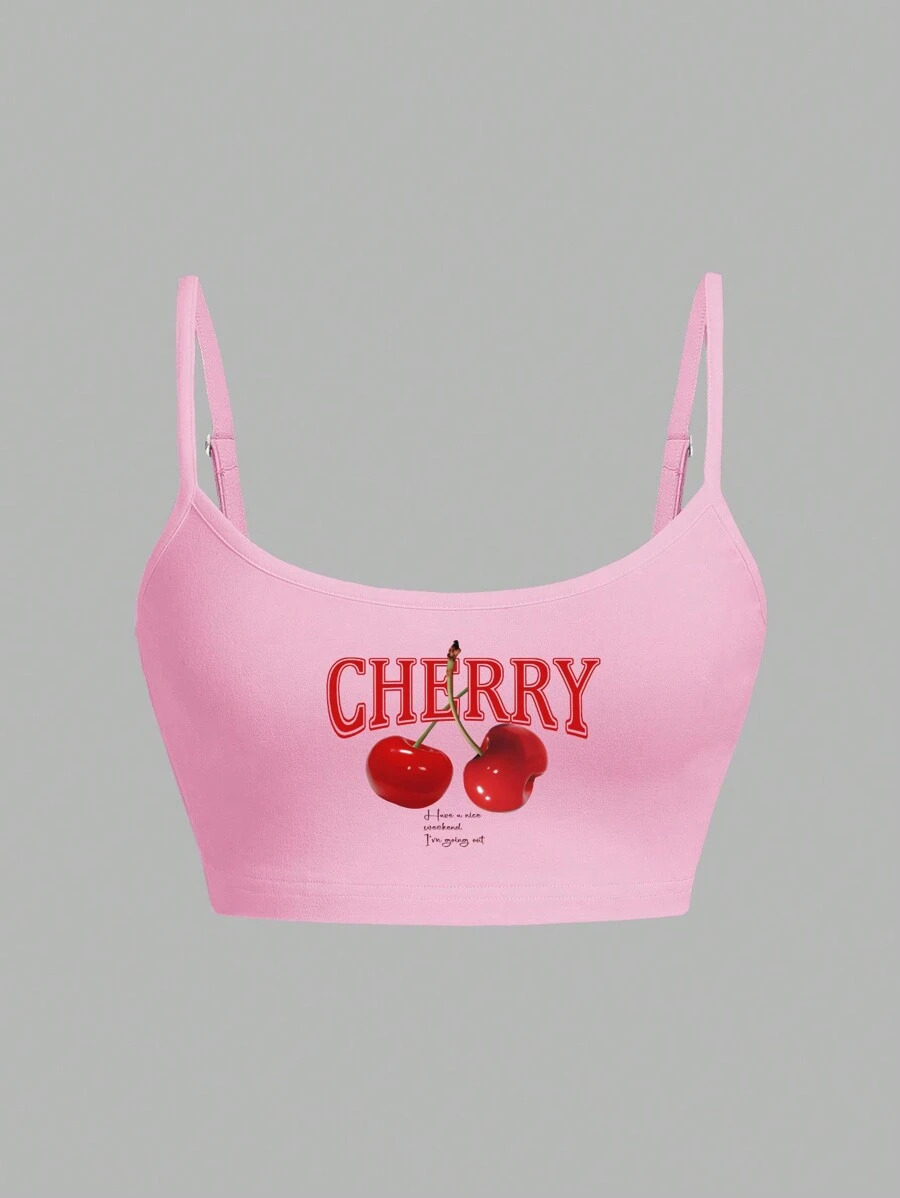 SHEIN EZwear Casual & Simple Cherry Pattern Brief Crop Top For Women, Sexy & Slim-Fit Top, Suitable For Summer