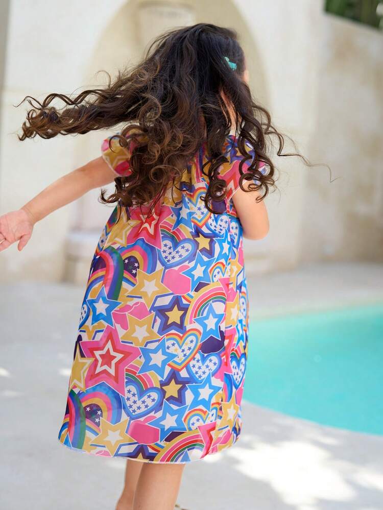 Young Girl/Young Girls' Beach Vacation Rainbow Star Heart Geometric Printed Chiffon Dress,Suitable For Summer ,Suitable For Holiday,Sunshine Young Girl